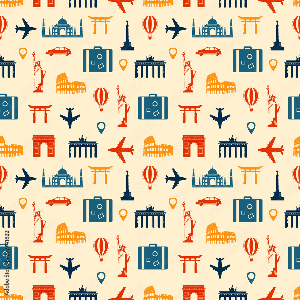 Travel composition with famous world landmarks. Seamless pattern. Vector