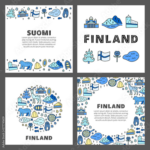 Set of cards with lettering and doodle colored finland icons including Helsinki Cathedral, deer, lake, cloudberry, Olaf's castle, pastry, meatballs, fish, bear, flag, etc isolated on grey background.