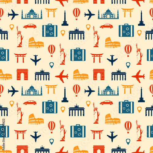 Travel composition with famous world landmarks. Seamless pattern. Vector