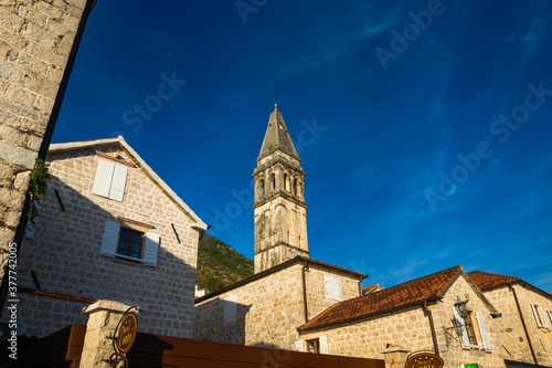 The architecture of the old town of Perast, recreation and tourism in the summer in Montenegro