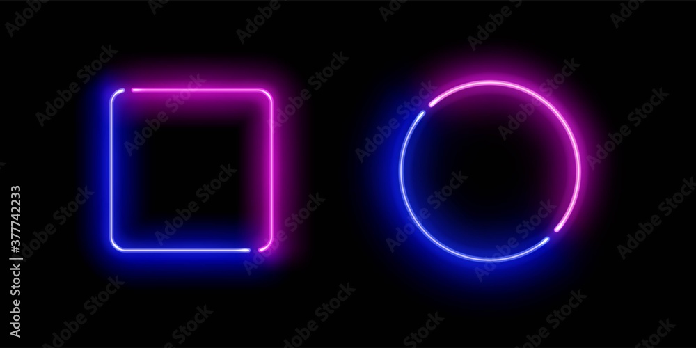 Realistic gradient neon square and circle frames. Pink and blue colored blank templates isolated on black background. Geometric glow outline shapes or laser glowing lines. Vector shining objects. Realistic gradient neon square and circle frames. Pink and blue colored blank templates isolated on black background. Geometric glow outline shapes or laser glowing lines. Vector shining objects.