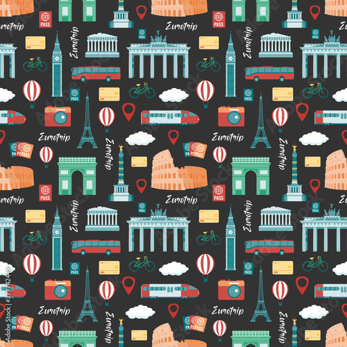 Travel composition with famous world landmarks. Seamless pattern. Vector