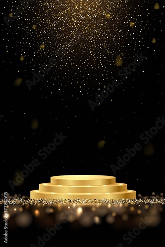 Golden award round podium with shiny glitter and sparkles isolated on dark background. Vector realistic illustration of symbol of victory, achievement of success, rewarding of winner.