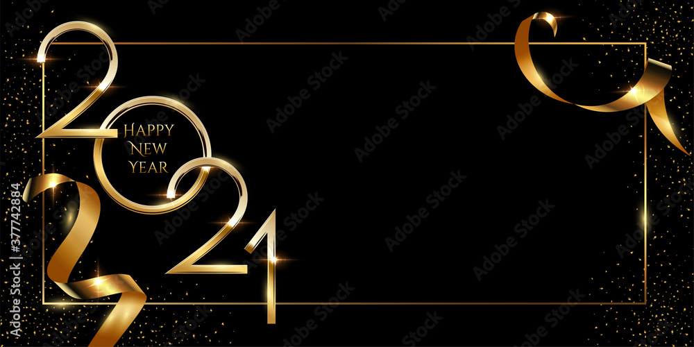 Happy new year greeting card vector template. Festive christmas social media banner design with congratulations. Golden 2021 number in frame with confetti realistic illustration with typography. Happy new year greeting card vector template. Festive christmas social media banner design with congratulations. Golden 2021 number in frame with confetti realistic illustration with typography.