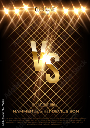 MMA, wrestling, boxing fight poster. Battle vector banner concept. Girls and boys competition illustration with glowing versus symbol. Night club event promotion. Ladies, men night flyer.