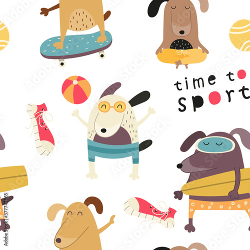 Childish colorful seamless pattern with funny dogs and sport theme. Vector Illustration. Kids illustration for nursery art. The print is perfect for baby clothes, greeting card, wrapping paper.
