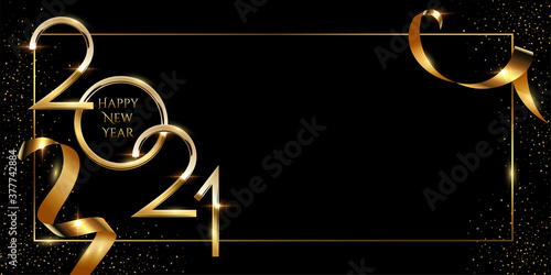 Happy new year greeting card vector template. Festive christmas social media banner design with congratulations. Golden 2021 number in frame with confetti realistic illustration with typography.