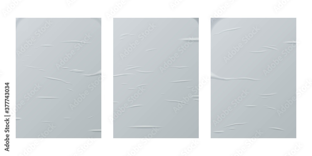 Glued paper sheet set isolated on white background. Vector realistic crumpled posters bundle. Wet greased wrinkles blank template texture. Empty advertising column mockup for creative design. Glued paper sheet set isolated on white background. Vector realistic crumpled posters bundle. Wet greased wrinkles blank template texture. Empty advertising column mockup for creative design.