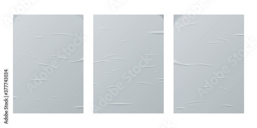 Glued paper sheet set isolated on white background. Vector realistic crumpled posters bundle. Wet greased wrinkles blank template texture. Empty advertising column mockup for creative design.