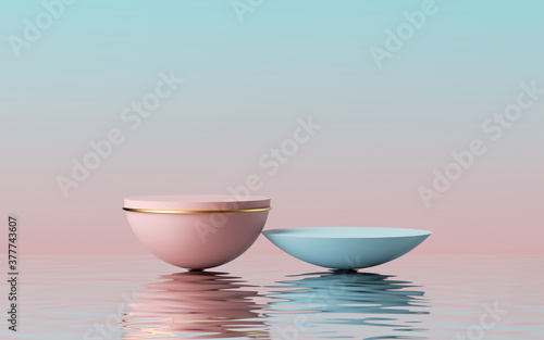 3d render, abstract modern minimal pink blue background with empty hemispherical platforms and reflection in the water on the wet floor. Showcase with space for product displaying