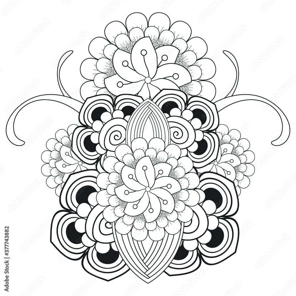 Fototapeta premium A Printable Doodle flowers in monochrome for coloring page, cover, wedding invitation, greeting card, wall art isolated on white background. Hand drawn sketch for adult anti stress coloring page.