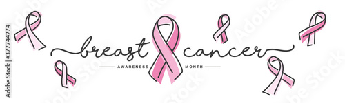 Breast cancer awareness month october pink ribbon handwritten line design white background banner