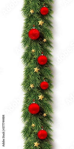 Green christmas branch with red balls, gold stars on white background. Fir natural vertical seamless decoration. Realistic vector merry xmas, new year traditional ornament with garland