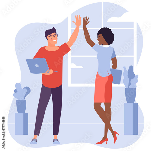 Teamwork. Office workers, young man and woman give high five each to other. Flat design vector concept of a successfully performed task.