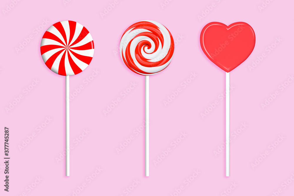 Three lollipops on a stick on a pink background. 3D rendering and 3D illustration.