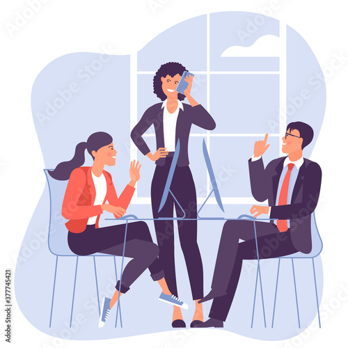 Young people, men and women taking part in business meeting, negotiation, brainstorming, talking to each other. Flat design vector concept for website, lamding, mobile app, poster and banner.
