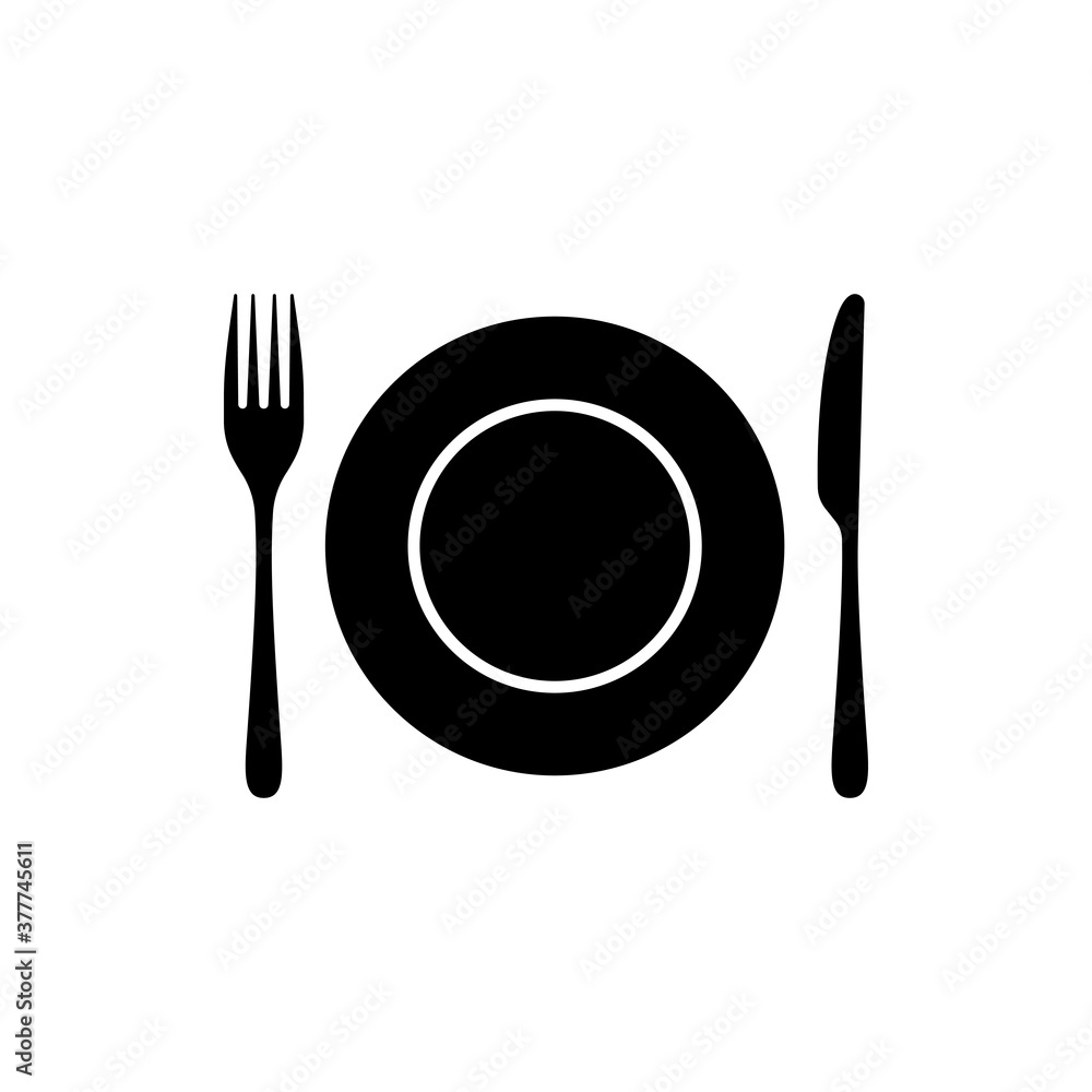 Plate with fork and knife. Restaurant menu icon. Vector on isolated white background. EPS 10 Plate with fork and knife. Restaurant menu icon. Vector on isolated white background. EPS 10
