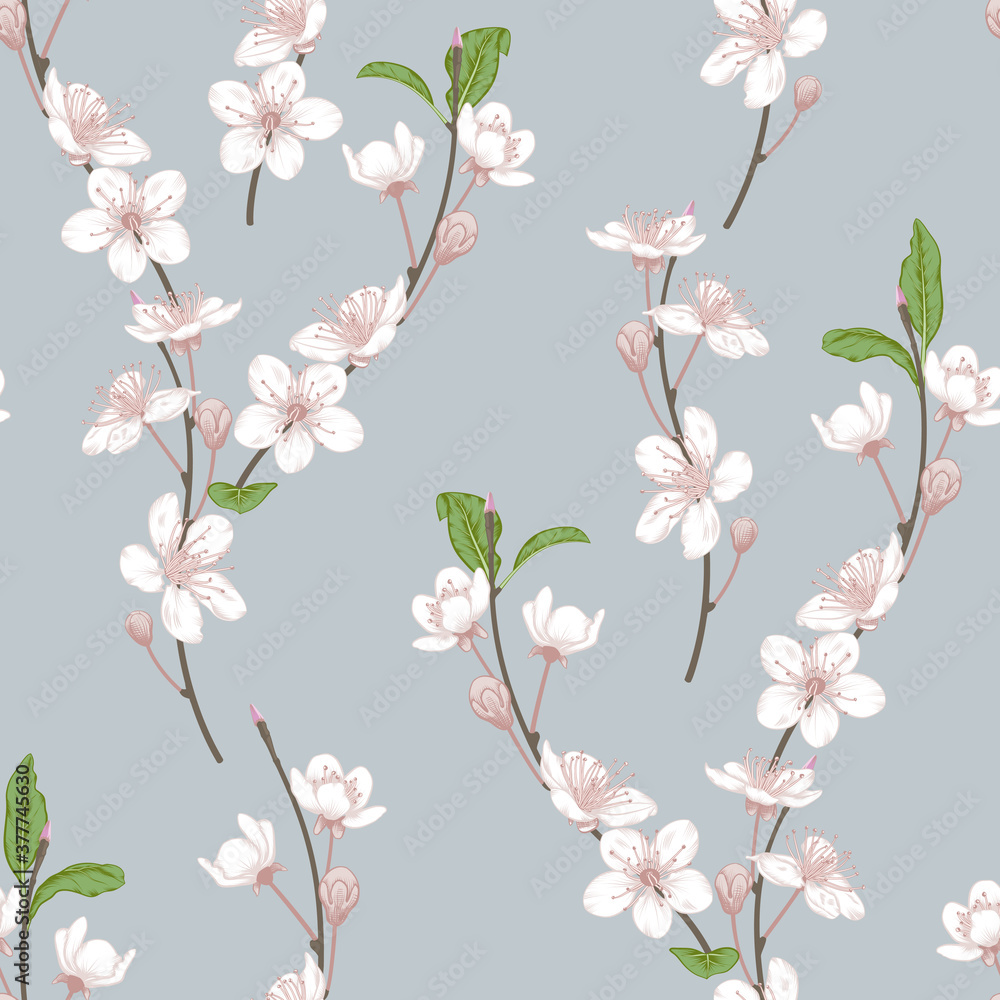 Seamless Spring Themed Floral White Cherry Blossoms with Green Leaves for Textile and Fabric Pattern. 
