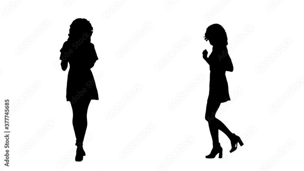 Silhouettes of stylish young woman in high heels dancing while walking. Side and front view isolated on white background. Silhouettes of stylish young woman in high heels dancing while walking. Side and front view isolated on white background.