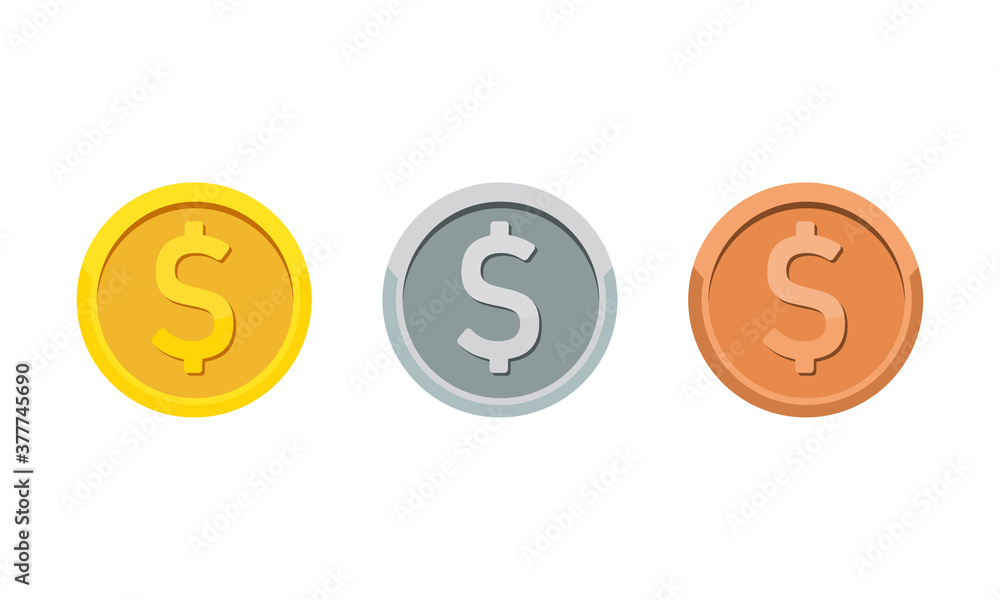 Gold, silver and bronze coins with dollar symbol. Rank medal flat icon set. Vector on isolated white background. EPS 10 Gold, silver and bronze coins with dollar symbol. Rank medal flat icon set. Vector on isolated white background. EPS 10
