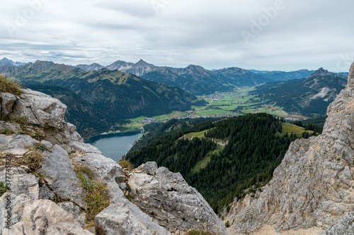 View from the mountain Schartschrofen to the valley of Tannheim and the lake Haldensee in Austria