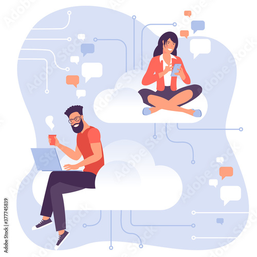 Flat design vector concept for cloud servise, storage and computing for web design, presentation, infographic, landing page:. Young man and woman characters working with cloud interface.