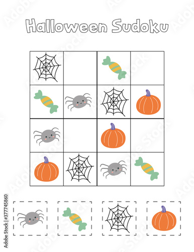 Halloween sudoku game for preschool children. Cute spooky spider  web and pumpkin. Educational printable worksheet.