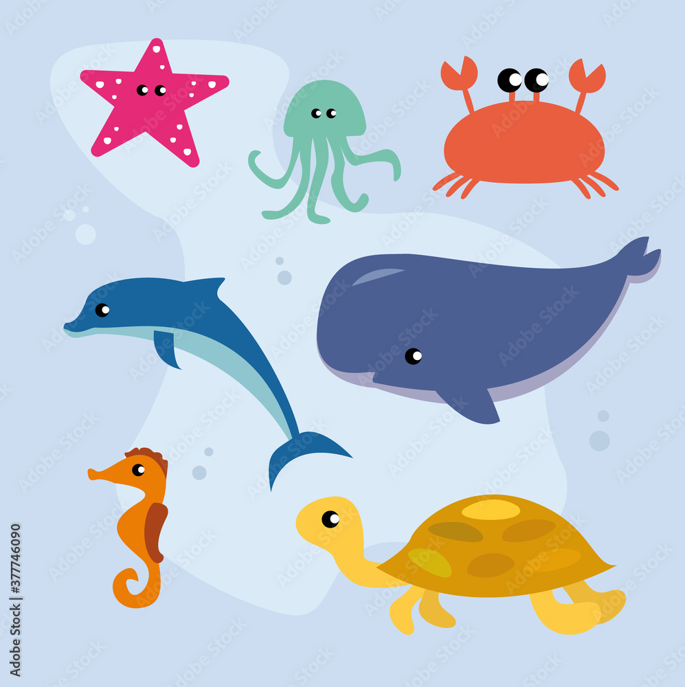 Fototapeta: Set of flat cute illustrations of marine life marine fish and  animals. Dolphins and whales,... #377746090 '