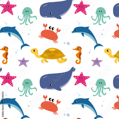Pattern of flat illustrations of marine life marine fish and animals. Dolphins and whales, sharks and octopuses, jellyfish and seahorses. Set of cute animals icons isolated on white background.