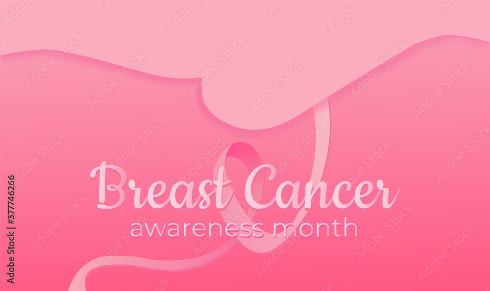 Vector illustration on the theme of women's health, dedicated to breast cancer screening. In soft pink tones with gradients and imitation of cut text. With a silhouette of a woman's breast.