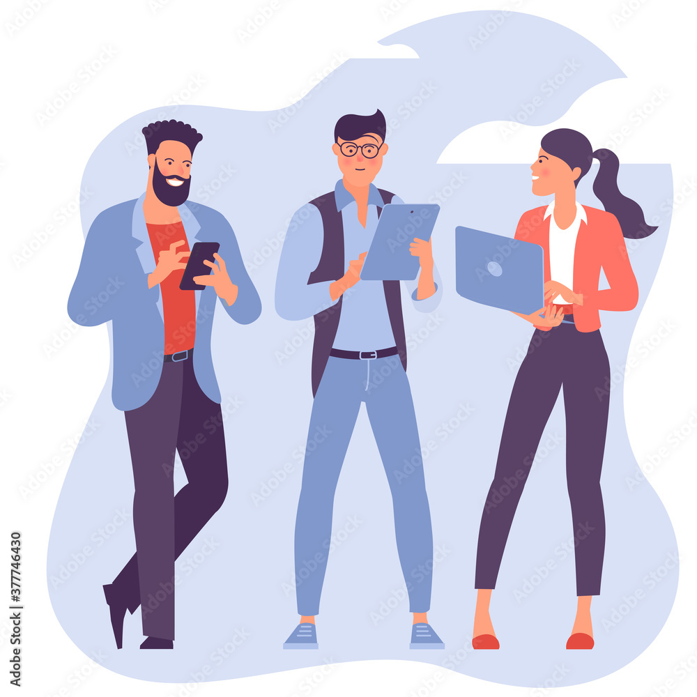 Obraz premium Group of young colleagues standing together. Office workers, students, young generation. Flat design vector conceptof team of cute professionals.