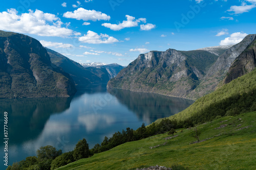Breathtaking views of the Aurlandsfjord (a branch off the Sognefjorden) from the Stegastein viewpoint on Sogn og Fjordane County Road 243, Vestland, Norway. © Luis