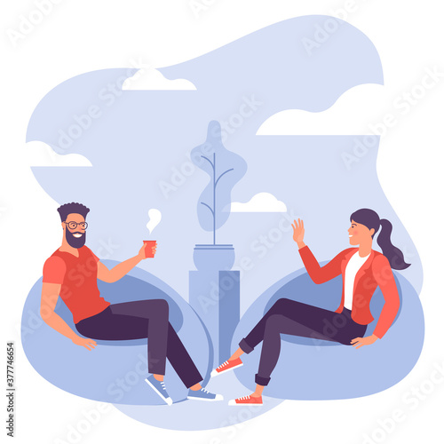 Coffee vrake in the co-working space. Flat design vector concept illustration. Young people sitting in bag chairs at the shared modern office workplace.