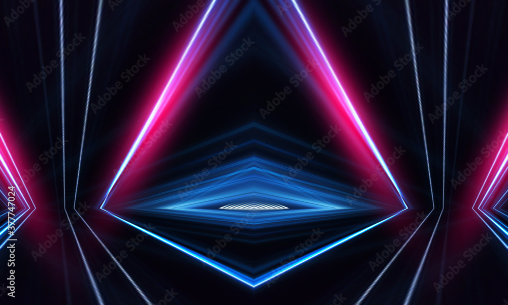 Light tunnel, dark long corridor room with neon lamps. Abstract neon, background with smoke and neon light. Concrete floor, symmetrical reflection and mirroring. Light tunnel, dark long corridor room with neon lamps. Abstract neon, background with smoke and neon light. Concrete floor, symmetrical reflection and mirroring.