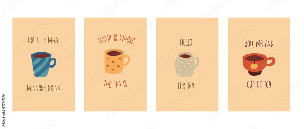 Set of cards with cute cups of tea and different phrases. Vector cartoon Set of cards with cute cups of tea and different phrases. Vector cartoon