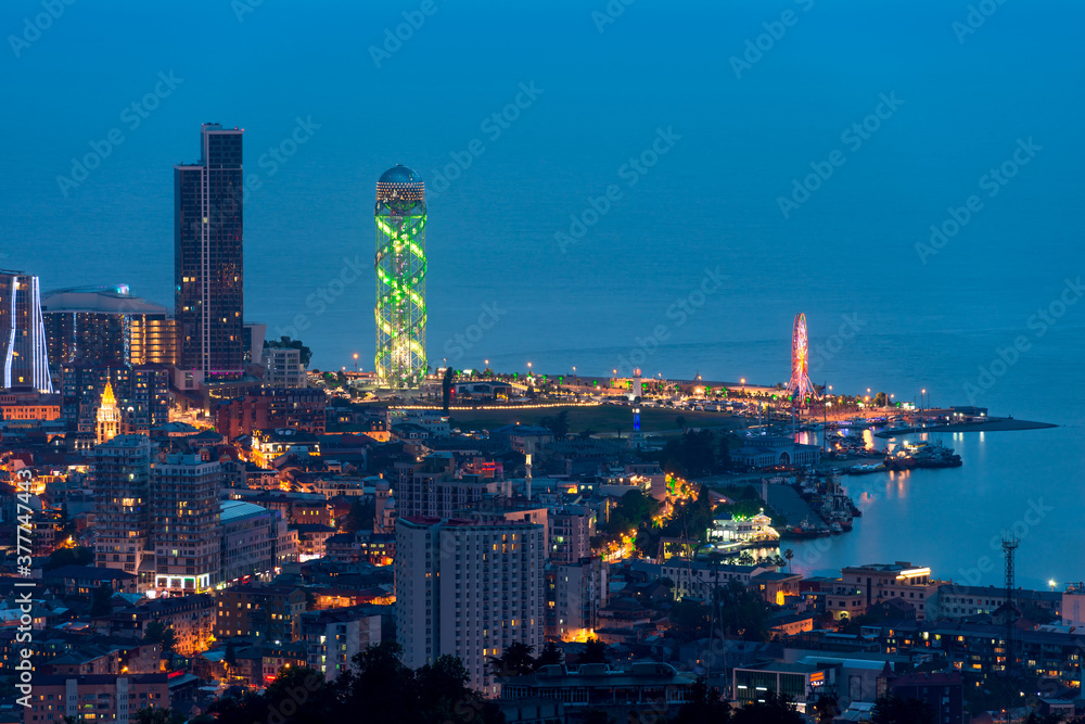 Beautiful night cityscape, view of Batumi city at night.
