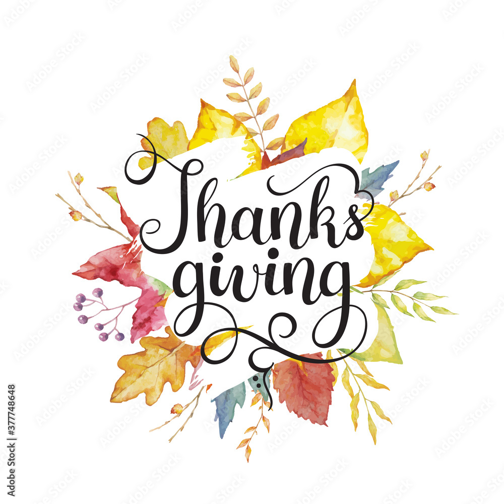 Happy thanksgiving text with watercolor autumn leaves isolated on white background.