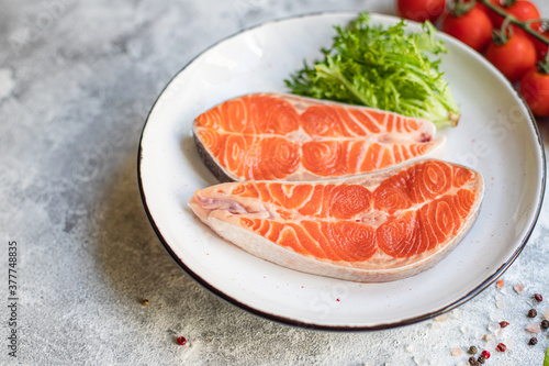 salmon fish raw red steak fillet seafood serving size copy space for text diet pescetarian