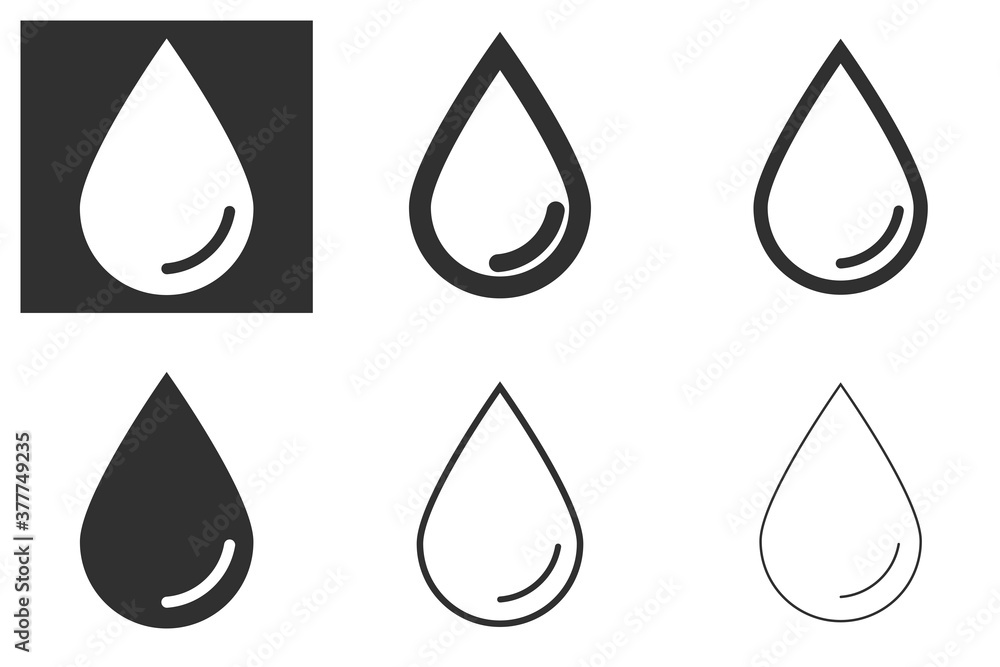 Vector icons of black drops of water or oil on a white background and white silhouette of drops on a dark background. Vector illustration. Vector icons of black drops of water or oil on a white background and white silhouette of drops on a dark background. Vector illustration.