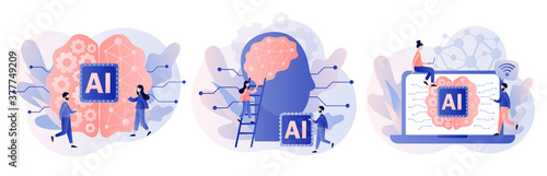 Artificial intelligence concept. Digital brain with neural network. AI, machine learning, analysis information. Modern flat cartoon style. Vector illustration on white background