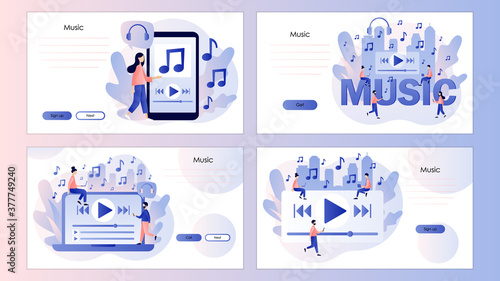 Music app. Tiny people listen music, sound, audio online. Media player. Screen template for mobile smart phone, landing page, template, ui, web, mobile app, poster, banner, flyer. Vector illustration