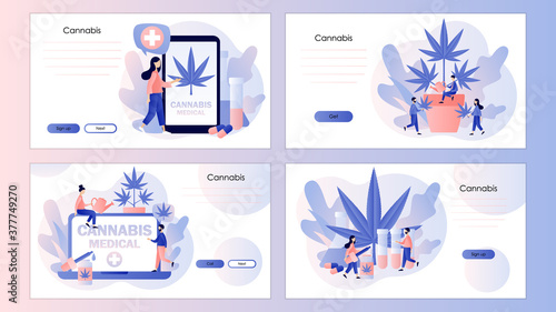 Cannabis medical concept. CBD cultivation business, marijuana sales market. Screen template for mobile smart phone, landing page, template, ui, web, mobile app, poster, banner, flyer. Vector 