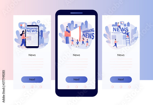Breaking news. Tiny people read news online using smartphone  laptop or newspaper. Screen template for mobile smart phone. Modern flat cartoon style. Vector illustration on white background