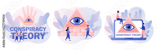 Conspiracy theory. Pyramid with all-seeing eye. Symbol of world government. Modern flat cartoon style. Vector illustration on white background