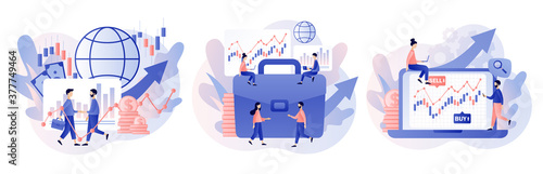 Trading online. Business, finance and trade. Tiny people buy and sell cryptocurrency, stocks and bonds for forex. Modern flat cartoon style. Vector illustration on white background