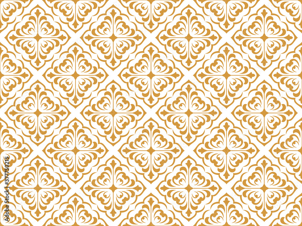 Wallpaper in the style of Baroque. Seamless vector background. White and gold floral ornament. Graphic pattern for fabric, wallpaper, packaging. Ornate Damask flower ornament Wallpaper in the style of Baroque. Seamless vector background. White and gold floral ornament. Graphic pattern for fabric, wallpaper, packaging. Ornate Damask flower ornament