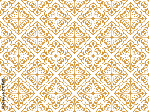 Wallpaper in the style of Baroque. Seamless vector background. White and gold floral ornament. Graphic pattern for fabric, wallpaper, packaging. Ornate Damask flower ornament