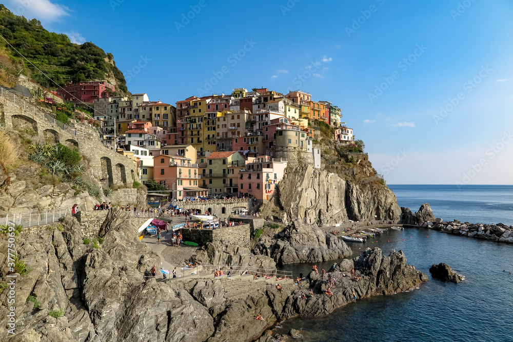 Commune of Manarola, Liguria, Province of Spezia, Italy - September 7, 2016 - Centennial village by the sea that belongs to the Cinque Terre complex	
