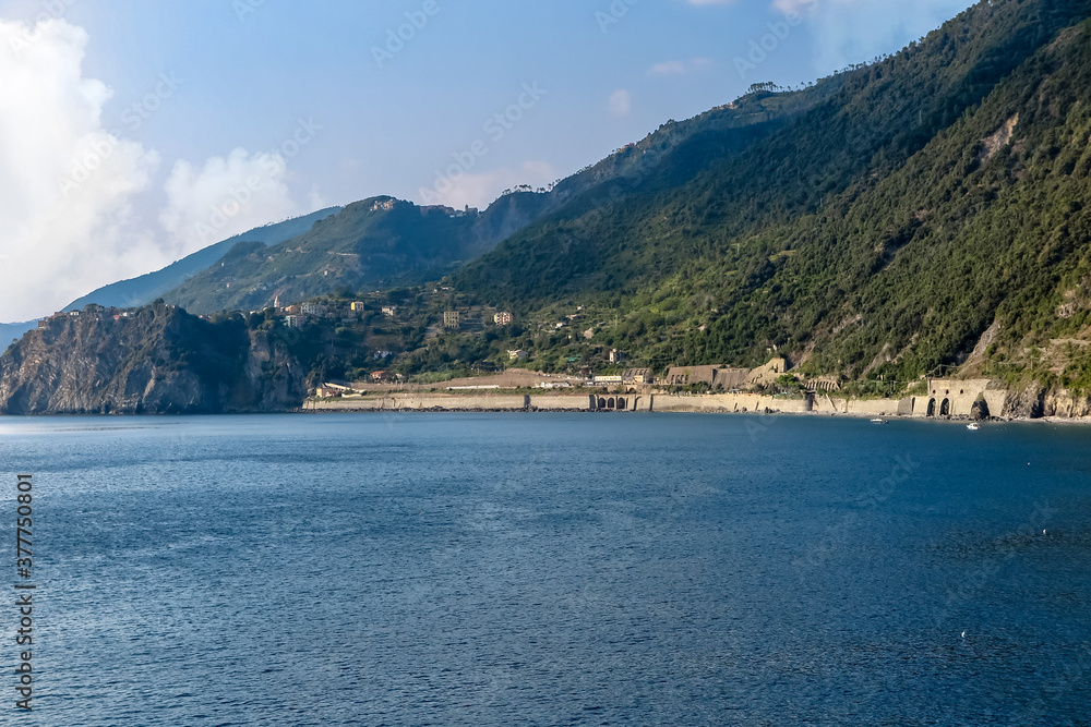 Coast, with the blue sea, of the district of Corniglia, commune of Vernazza, province of SpeziaItalia, Cinque Terre, Italy