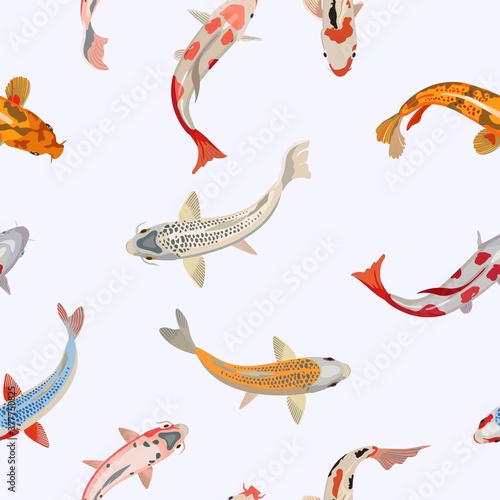Seamless pattern with multi-colored Koi carps in the water. Vector illustration.